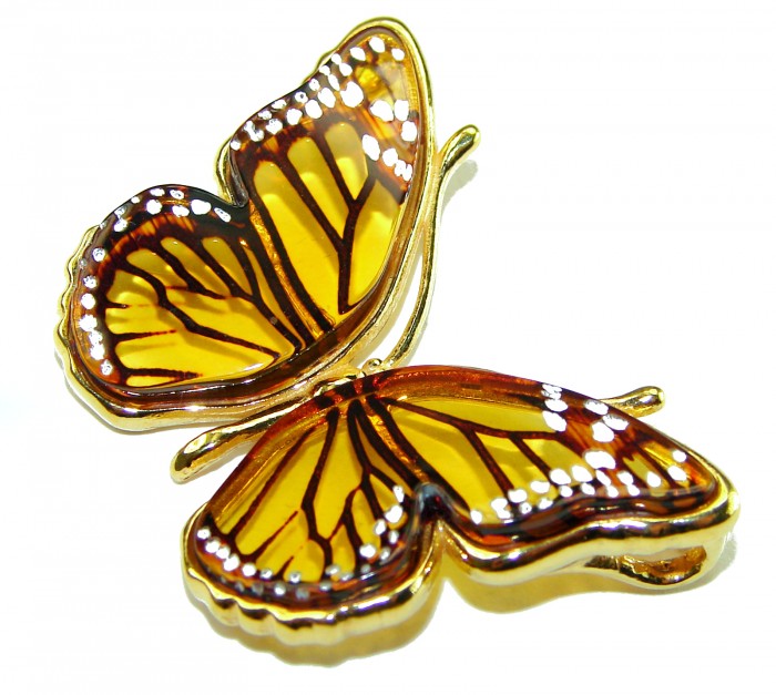 Golden Butterfly Baltic Polish Amber 18K Gold over .925 Sterling Silver handcrafted Pendant / Brooch - photo 2