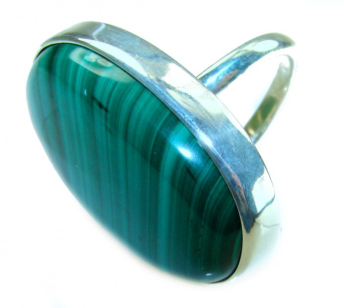 39.2 CARAT genuine Malachite from Utah .925 Sterling Silver handcrafted ring size 8 adjustable - Side view of 39.2 carat malachite ring in .925 sterling silver setting.