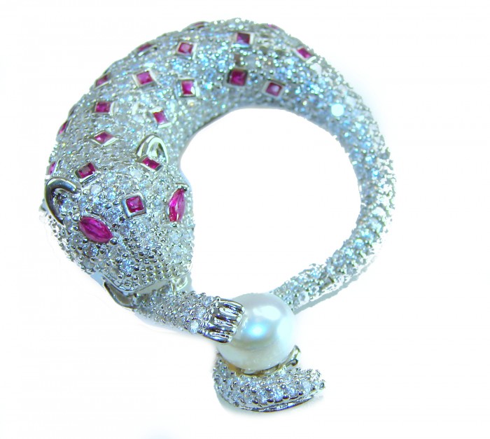 Precious Wild Cheetah 29.8 carat Ruby real Pearl .925 Sterling Silver handmade Pendant Brooch - Cheetah bracelet with rubies and pearl, top view.