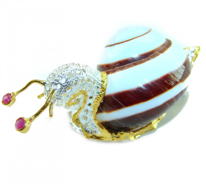 LARE Snail - Ocean Shell 18k Gold over .925 Sterling Silver handcrafted Pendant Brooch - Snail jewelry side view, gold and shell details with gemstone accents.