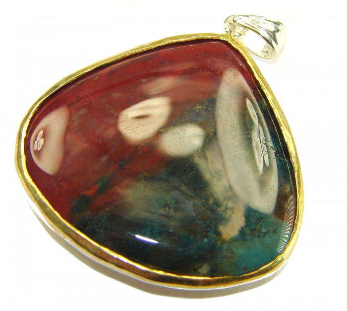 Deluxe 35.2 carat Moss Prehnite .925 Sterling Silver dipped in 14K Gold handmade Large Pendant - Close-up of Deluxe Moss Prehnite pendant with sterling silver bail.