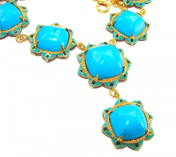 Very RARE! 89.8 grams genuine Sleeping Beauty Turquoise from Globe, Arizona .925 Sterling Silver 22K Gold over handcrafted Necklace, Following the mine's closure in 2012, its scarcity has significantly increased its value - Close-up of gold and turquoise necklace with floral design.
