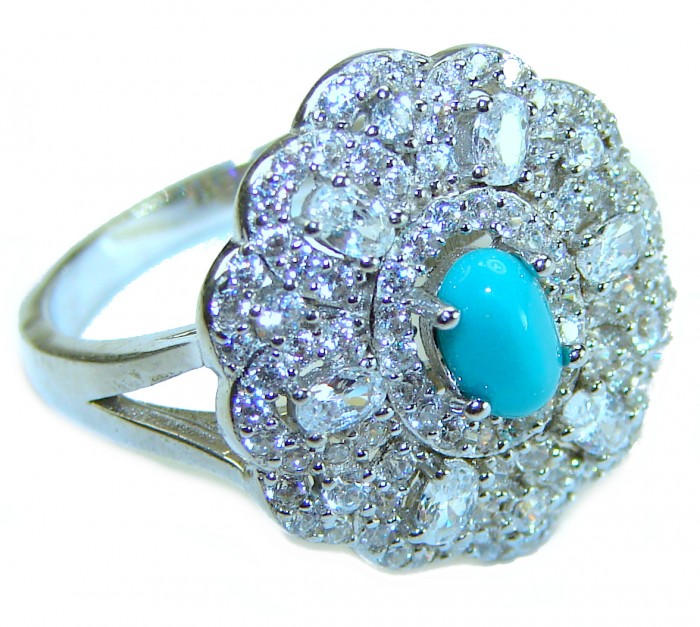 Art Deco - Pacifica - 3.4 carat Sleeping Beauty Turquoise .925 Sterling Silver handmade Statement Ring size 7 1/4 - Side view of Art Deco ring with turquoise and diamond accents.