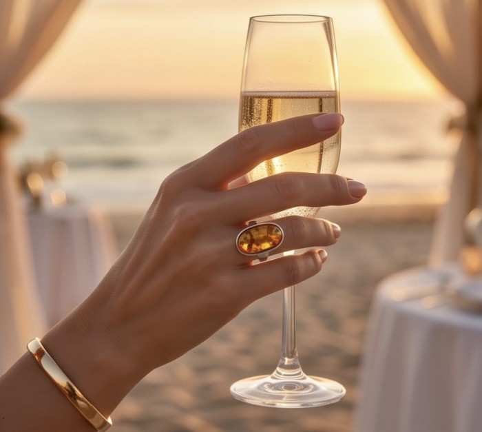 Beauty of the Sea - Natural Baltic Amber .925 Sterling Silver handcrafted ring; s. 7 adjustable - Hand wearing "Beauty of the Sea" amber ring, holding champagne glass.