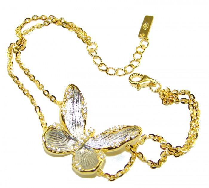 Golden Butterfly White Topaz highly polished 18K Gold over .925 Sterling Silver Italy made bracelet - Golden butterfly necklace, top view, with white topaz and chain detailing.