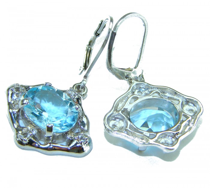 Memories 10.5 carat Swiss Blue Topaz .925 Sterling Silver Handcrafted Earrings - Close-up of sterling silver earrings with Swiss blue topaz stones