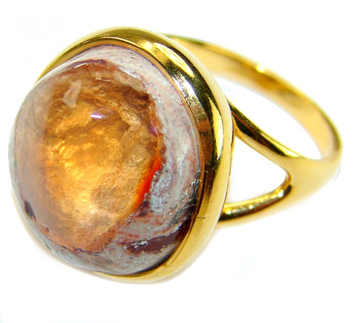Queen of Fire best quality 18.4 carat Mexican Opal 18K Gold over .925 Sterling Silver handmade ring 6 1/4 - Close-up of 18.4 carat Mexican Opal ring in 18K gold setting.