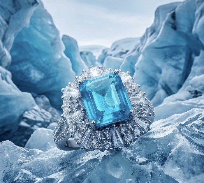 Eau Pure 7.5 carat Paraiba Tourmaline .925 Sterling Silver Handcrafted Ring size 8 1/4 - Close-up of Paraiba Tourmaline ring on ice background
