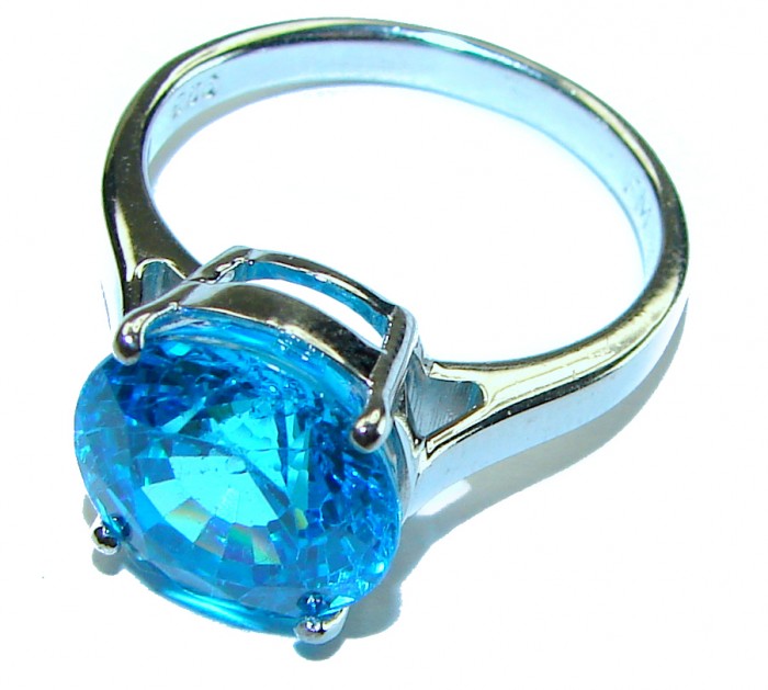 6.5 carat Fancy round cut Swiss Blue Topaz .925 Sterling Silver handmade Ring size 7 3/4 - photo 2