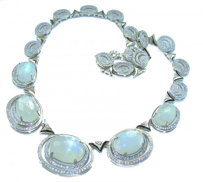 Moonlight Serenade authentic 62.5 carat Fire Moonstone Rhodium over .925 Sterling Silver handcrafted necklace - Necklace and bracelet side view with moonstones and diamond accents.