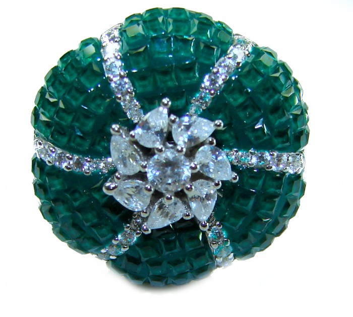 Gabriella 15.2 carat authentic Emerald rhodium over .925 Sterling Silver handcrafted Statement Ring size 6 - Close-up of Gabriella 15.2 carat emerald ring with diamond accents.