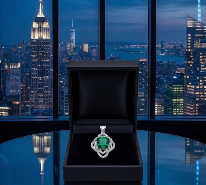 Authentic 4.5 CARAT Chrome Diopside .925 Sterling Silver Pendant - Emerald pendant in open box with city skyline background at night