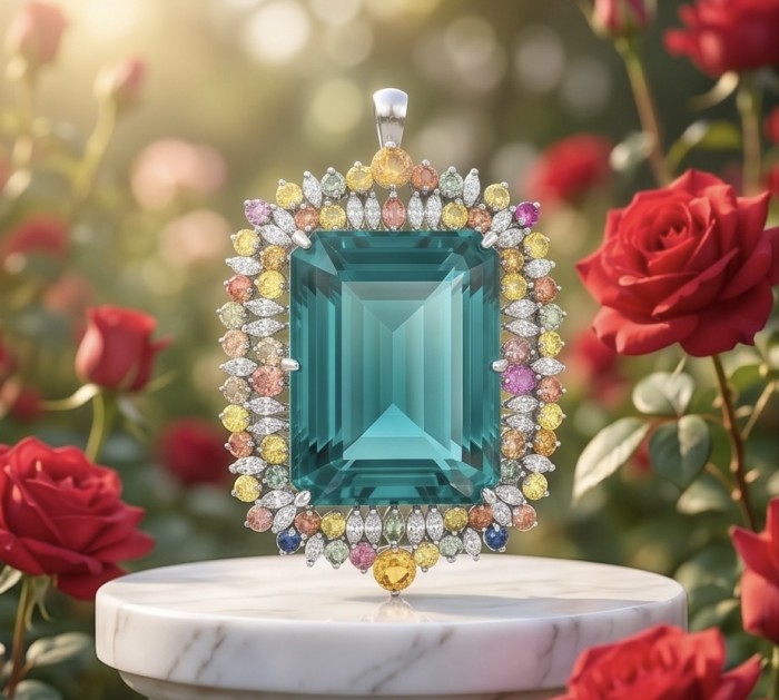 Ofelia 85.8 carat Vintage style Chrom Diopside from Eastern Siberia .925 Sterling Silver DIPPED IN RHODIUM handmade LARGE Pendant - Brooch - Close-up of Ofelia 85.8 carat Chrom Diopside pendant with floral backdrop
