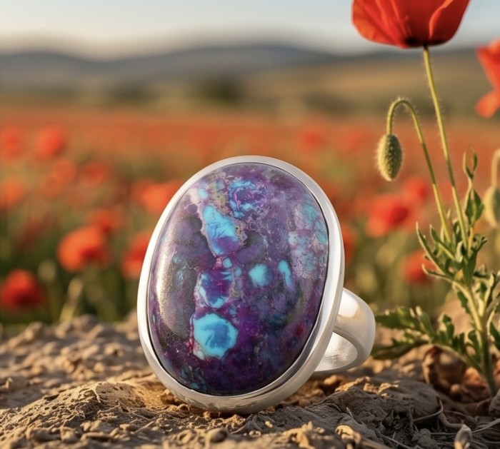Purple Turquoise .925 Sterling Silver handcrafted ring; s. 7 - Purple Turquoise ring close-up with poppy field in background
