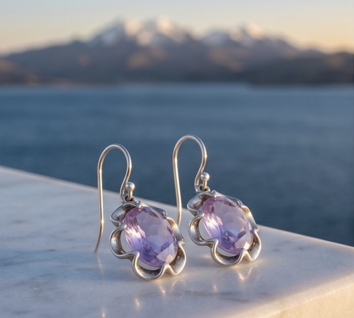 Norwegian Pink Fiord Quartz .925 Sterling Silver earrings - Close-up of Norwegian Pink Fiord Quartz sterling silver earrings.