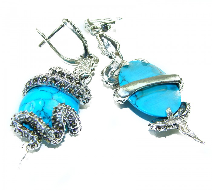 Snakes Great authentic inlay Turquoise .925 Sterling Silver handcrafted Earrings - photo 2
