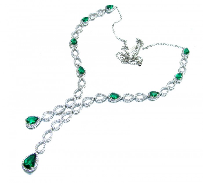 Green Royalty 14.2 carat Emerald .925 Sterling Silver .925 Sterling Silver Statement Necklace - Elegant emerald and silver necklace, top view display of design details.