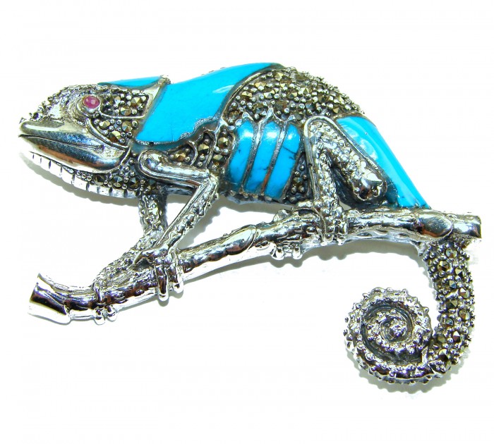 Spectacular Big Chameleon Lizard inlay Turquoise .925 Sterling Silver handmade Brooch - Side view of chameleon brooch with turquoise inlay and sterling silver.
