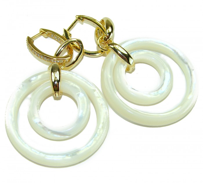 Genuine Blister Pearl lab grown Diamond 18K Gold over .925 Sterling Silver handcrafted Large Statement Earrings - Front view of gold hoop earrings with pearl and diamond detail.
