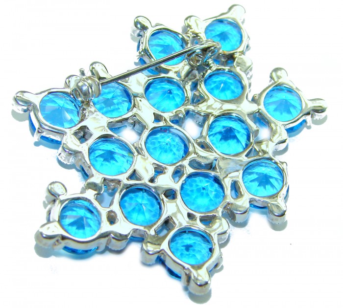 Blue Galaxy Authentic 45.5 carat Swiss Blue Topaz .925 Sterling Silver DIPPED IN RHODIUM handmade LARGE Pendant - Brooch - Back view of Blue Galaxy Swiss Blue Topaz brooch with pin detail.