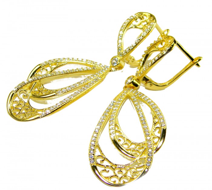 Black Label Collection - Dubai Style - Natural 22K Gold over .925 Sterling Silver handmade earrings - Gold earrings with intricate design and diamond accents, side view.