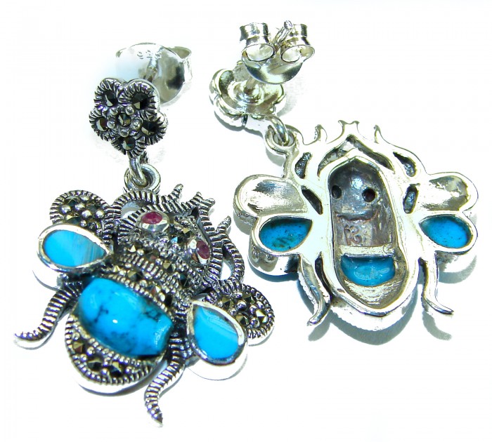 Blue Bees inlay Turquoise Ruby Marcasite .925 Sterling Silver Handcrafted earrings - Blue bee earrings with turquoise and ruby stones, front and back view.