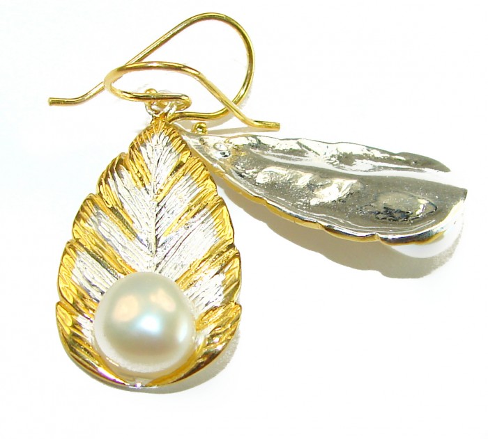 Sublime Blister Pearl 14K Gold over .925 Sterling Silver handcrafted Earrings - Close-up of leaf-shaped earrings with blister pearl detail.