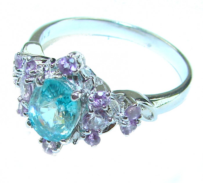 Pure Perfection 3.1 carat GENUINE Apatite .925 Silver handcrafted Ring s. 9 - Silver ring with blue apatite and purple stones, front angle close-up