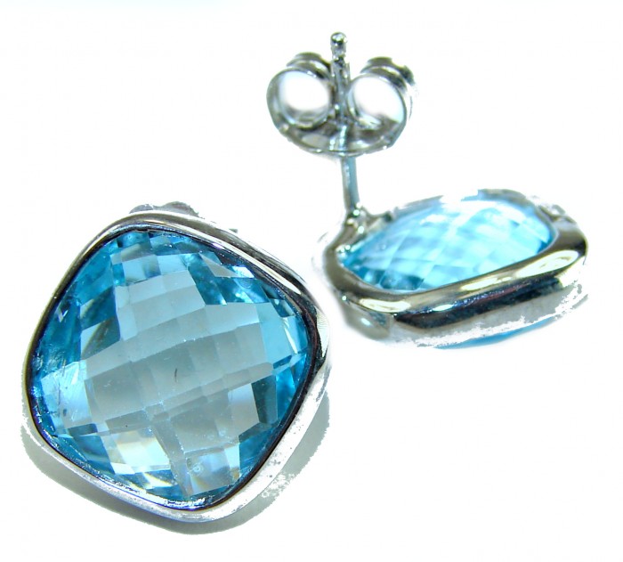 Eau Pure cushion cut 12.5 carat Swiss Blue Topaz .925 Sterling Silver Handcrafted Earrings - Close-up of cushion cut Swiss Blue Topaz earrings with sterling silver.