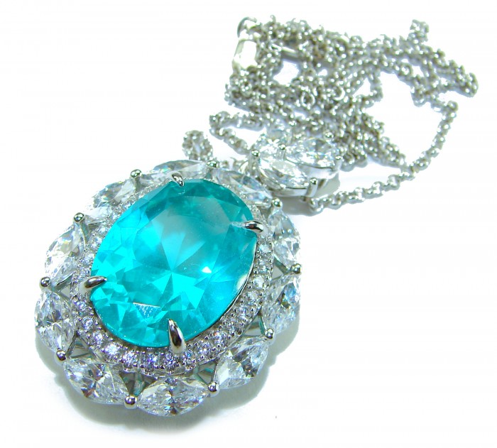 Wonderland 15.8 carat classic oval cut Paraiba Tourmaline .925 Sterling Silver Handcrafted Statement necklace - Close-up of Wonderland 15.8 carat oval Paraiba Tourmaline necklace.