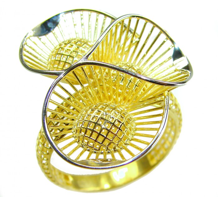 Dubai Style - .925 Sterling Silver dipped in 22K Gold handmade Large ring size 10 1/4 - Close-up of floral design gold-dipped sterling silver ring.