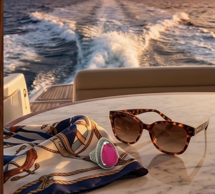 Carmen Natural 18.4 carat Ruby .925 Sterling Silver handmade Large Statement Ring size 8 - Ruby ring on table with scarf and sunglasses on a boat.