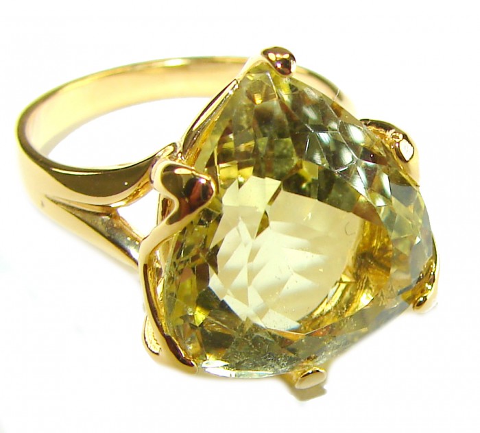 11.8 carat Genuine Trillion cut Lemon Quartz 14K Gold over .925 Sterling Silver handcrafted ring size 7 - photo 3