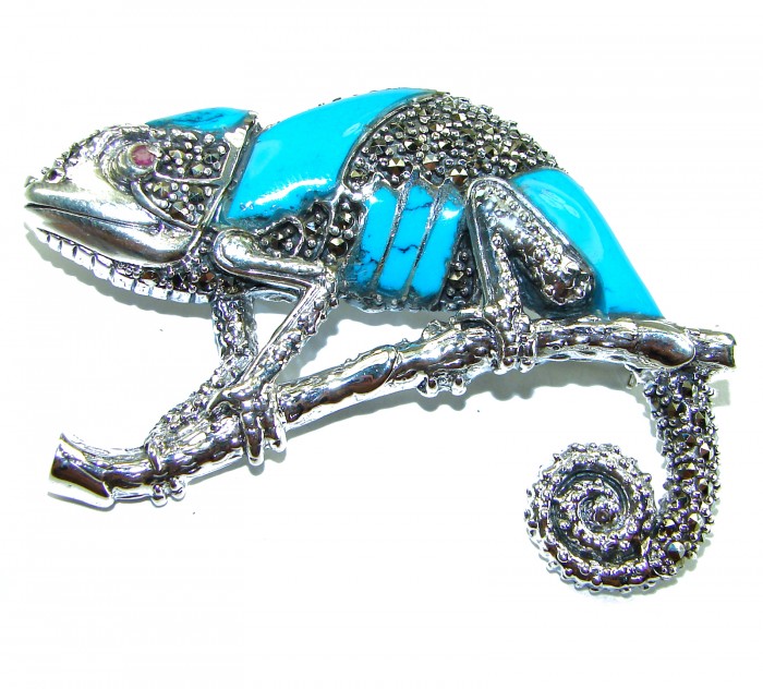 Spectacular Big Chameleon Lizard inlay Turquoise .925 Sterling Silver handmade Brooch - Side view of chameleon lizard brooch with turquoise inlay and sterling silver.