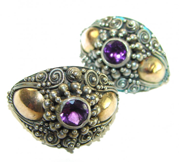 Authentic 4.5 carat Amethyst 2 tones .925 Sterling Silver handcrafted earrings - Close-up of two-tone rings with 4.5 carat amethyst and sterling silver.