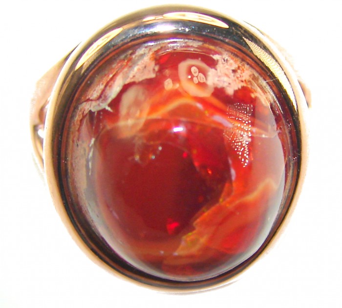 Orange Galaxy best quality 14.4 carat Mexican Opal 18K Rose Gold over .925 Sterling Silver handmade ring 7 - Close-up of 14.4 carat Mexican Opal in 18K rose gold setting.