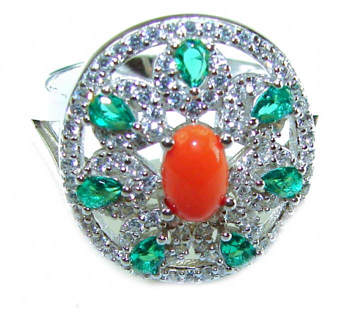 Serenity - 10.5 carat genuine Coral Emerald .925 Sterling Silver handmade ring s. 8 - Top view of Serenity ring with coral and emerald stones.