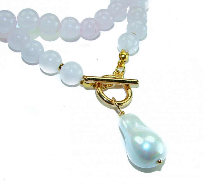 Pink Cascade authentic 65.8 carat Rose QUARTZ 18K Rose Gold over .925 Sterling Silver handcrafted necklace - Clasp detail of Pink Cascade Rose Quartz necklace with pearl pendant.