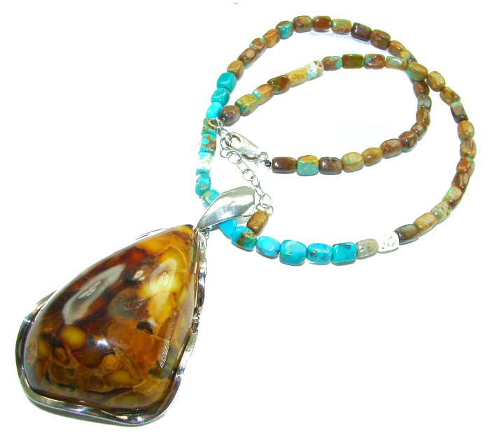 Rare!- vintage Style- natural Baltic Amber genuine Turquoise .925 Sterling Silver handcrafted necklace - Pendant and turquoise necklace, angled view showing amber detail