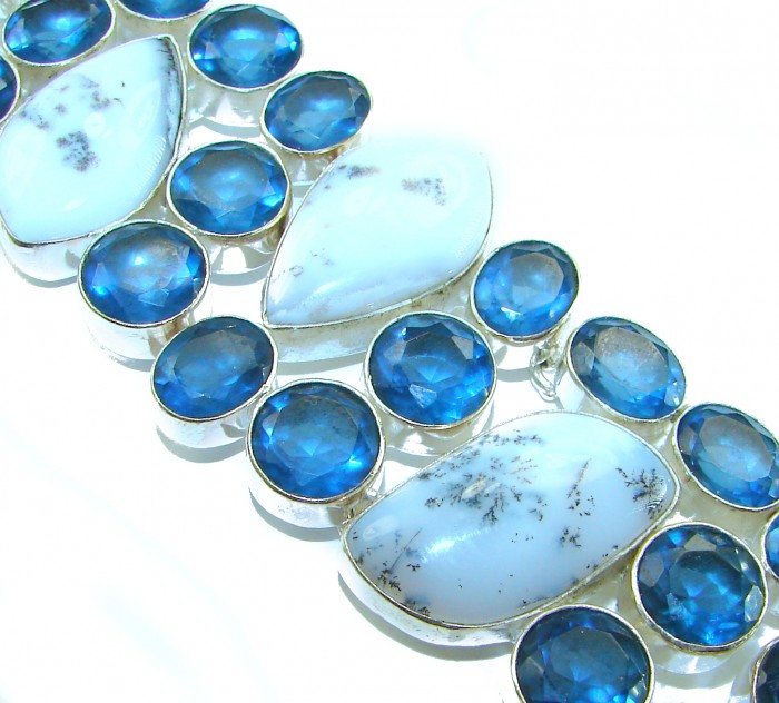Very Unique natural White Dendritic Agate & Blue Topaz Sterling Silver Statement Bracelet - Close-up of White Dendritic Agate and Blue Topaz jewelry.