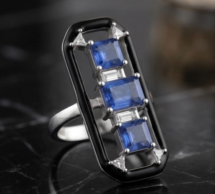 Art Deco 6.2 carat Sapphire black enamel .925 Sterling Silver handcrafted Ring size 6 - Art Deco sapphire ring, close-up view, black enamel, sterling silver.