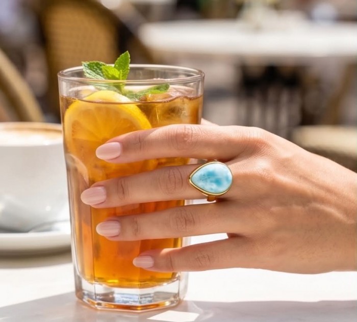 Blue Perfection Top QUALITY Blue Larimar 18K Gold over .925 Sterling Silver handmade Large ring size 8 adjustable - Hand wearing Blue Larimar ring holding iced tea with lemon and mint.