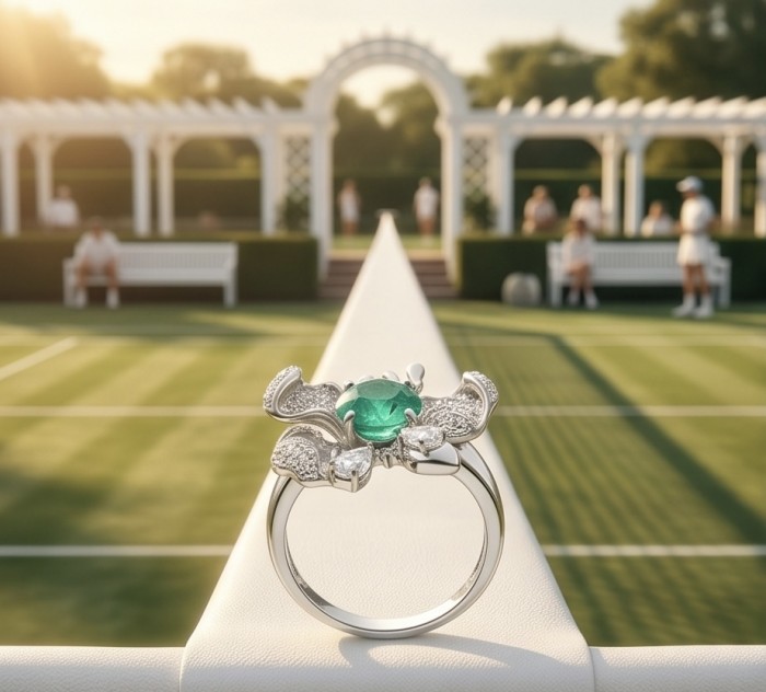 Eau Pure 6.5 carat Paraiba Tourmaline .925 Sterling Silver Handcrafted Ring size 6 1/4 - Paraiba Tourmaline ring on a tennis net with court in background