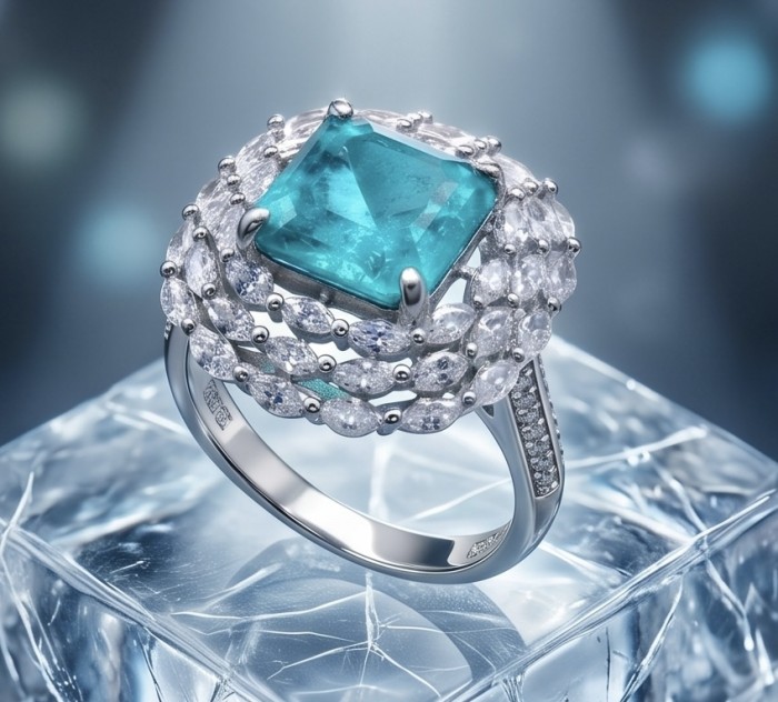 5.8 carat natural Colombian Emerald 7.9 carat Moissanite .925 Sterling Silver handmade Statement Ring size 8 - Close-up of a ring with Colombian emerald and moissanite stones.
