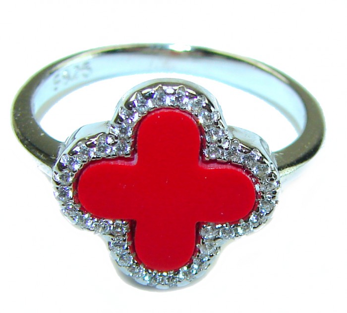 A four-leaf clover Coral .925 Sterling Silver handcrafted ring s. 8 - photo 1