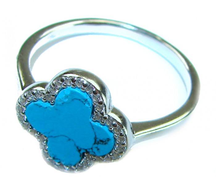 Lucky Four-leaf clover natural inlay Turquoise .925 Sterling Silver handcrafted ring s. 9 - Turquoise four-leaf clover sterling ring, top view close-up.