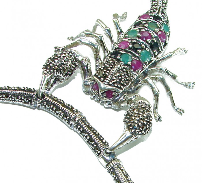Large SCORPIO Genuine Ruby Emerald Marcasite .925 Sterling Silver handmade handcrafted Necklace - Scorpion-shaped necklace with ruby and emerald, close-up detail view.