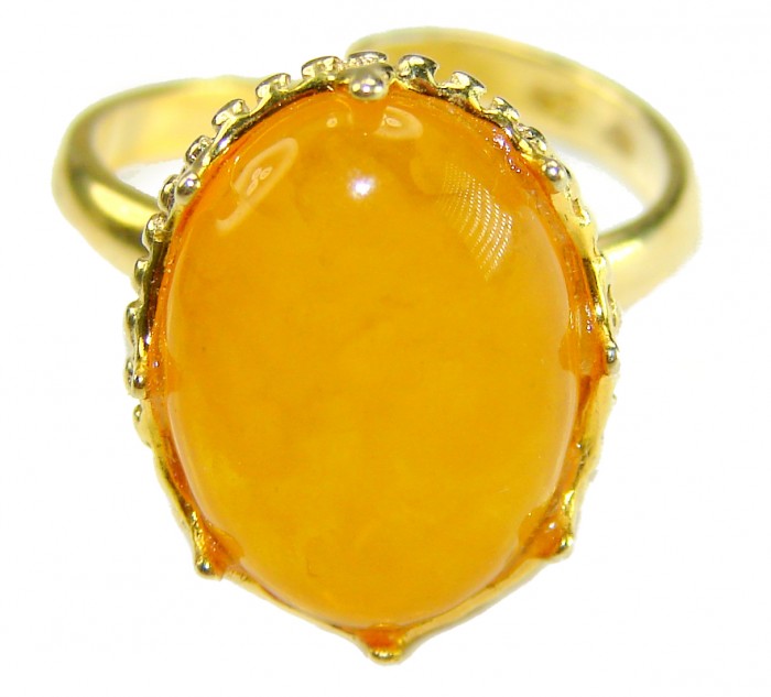 Authentic Golden Butterscotch Baltic Amber 14K Gold over .925 Sterling Silver entirely handcrafted ring; s. 7 adjustable - Close-up of golden butterscotch amber ring in 14K gold setting.