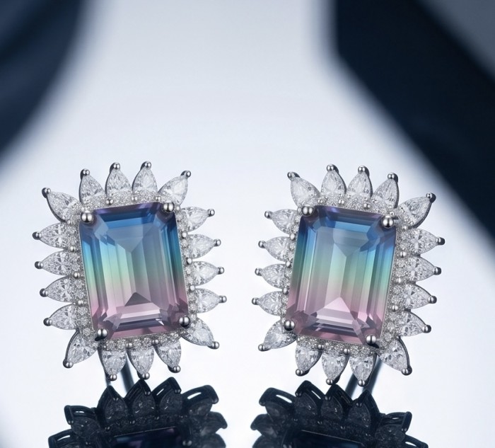 Isabella 8.2 carat emerald cut Brazilian Tourmaline .925 Sterling Silver Perfectly handcrafted earrings - Close-up of Brazilian Tourmaline earrings with diamond accents