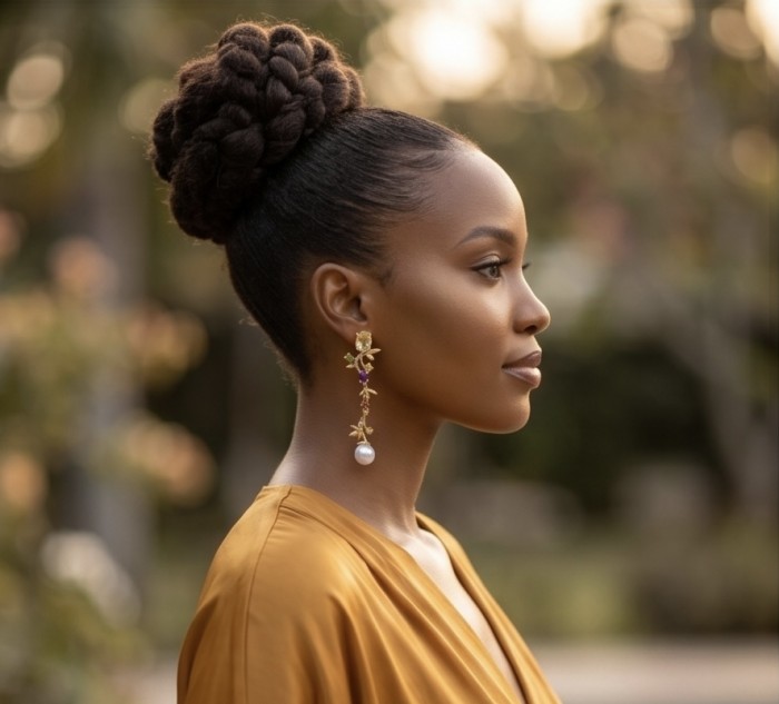 Golden Royalty 6.5 carat Citrine Pearl 18K Gold over .925 Sterling Silver brilliantly handcrafted earrings - Side view of woman wearing Golden Royalty 6.5ct Citrine Pearl earrings